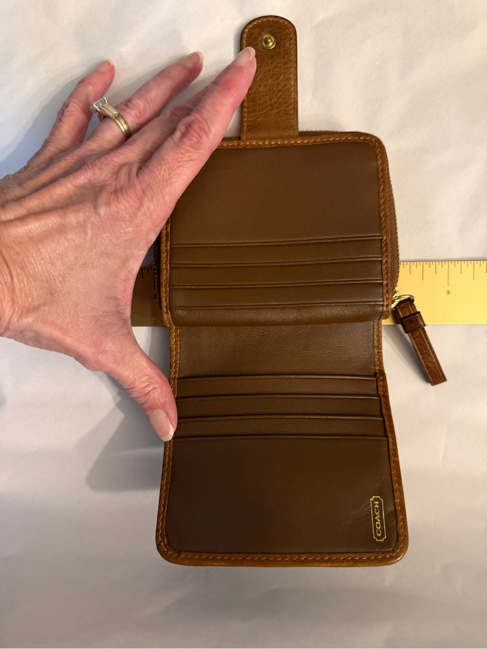 Coach Anniversary Stripe Denim Navy Canvas and Brown Leather Snap Wallet - Picture 6 of 12